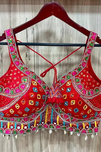 Red italian silk mirror kaudi lace readymade blouse