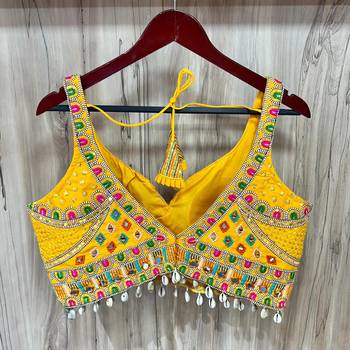 Yellow italian silk mirror kaudi lace readymade blouse 4