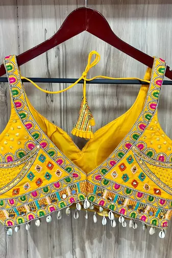 Yellow italian silk mirror kaudi lace readymade blouse