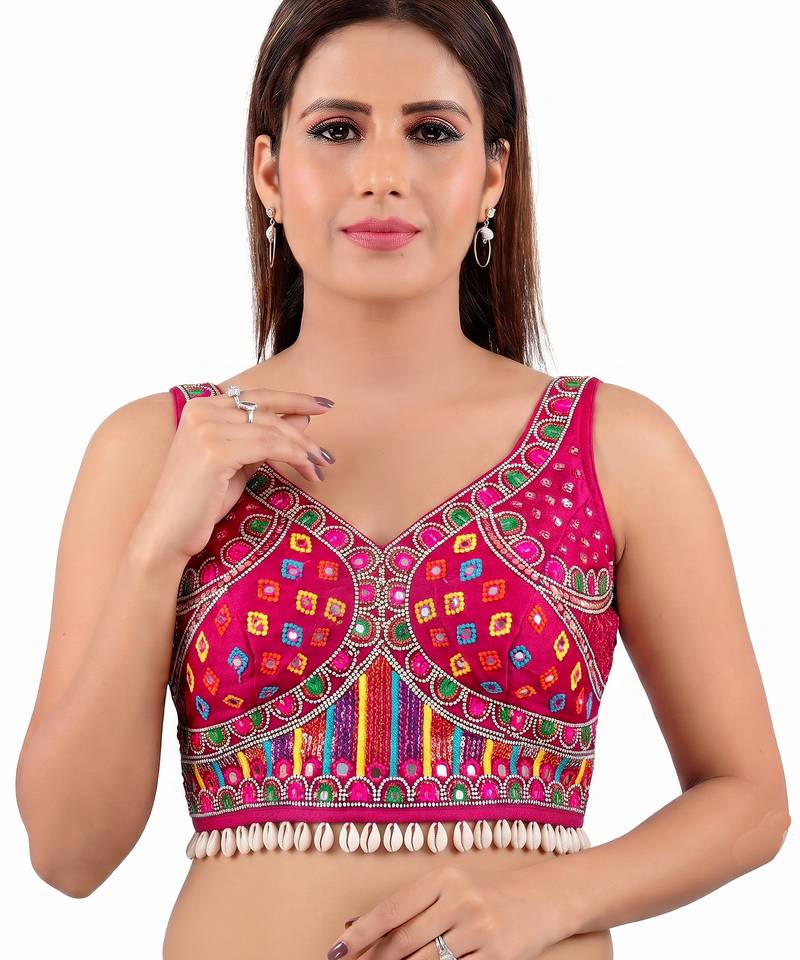 Pink italian silk mirror kaudi lace readymade blouse