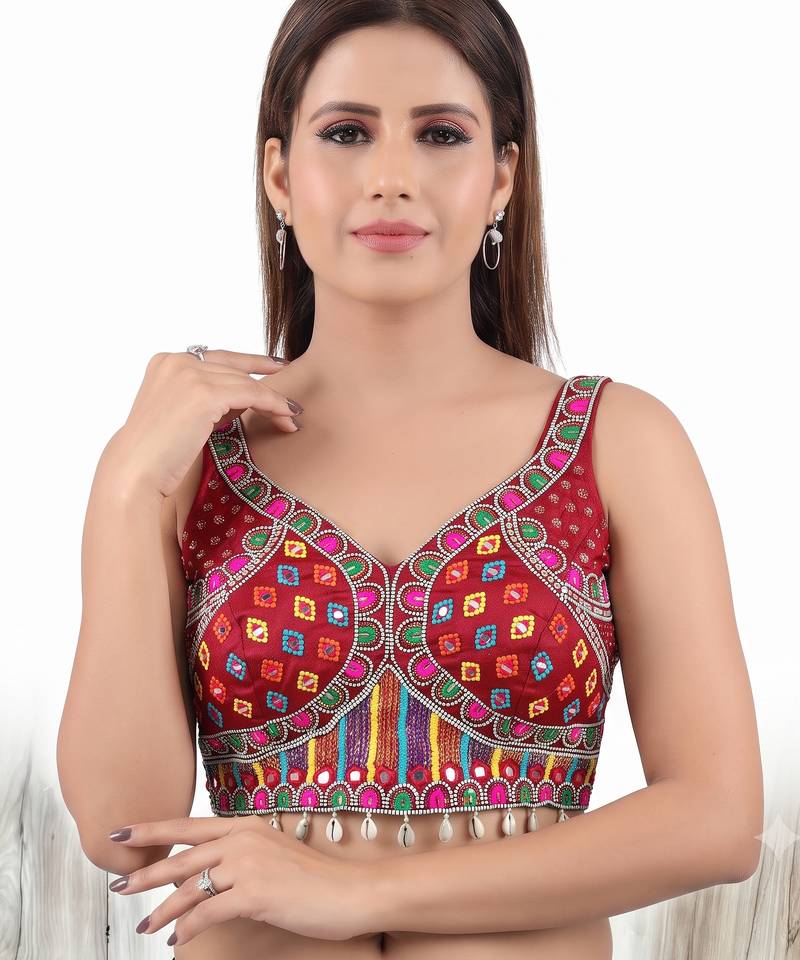 Maroon italian silk mirror kaudi lace readymade blouse