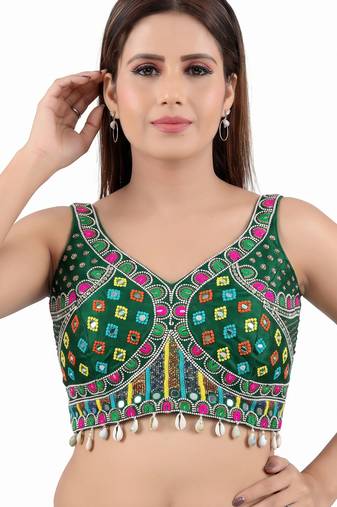 Green italian silk mirror kaudi lace readymade blouse
