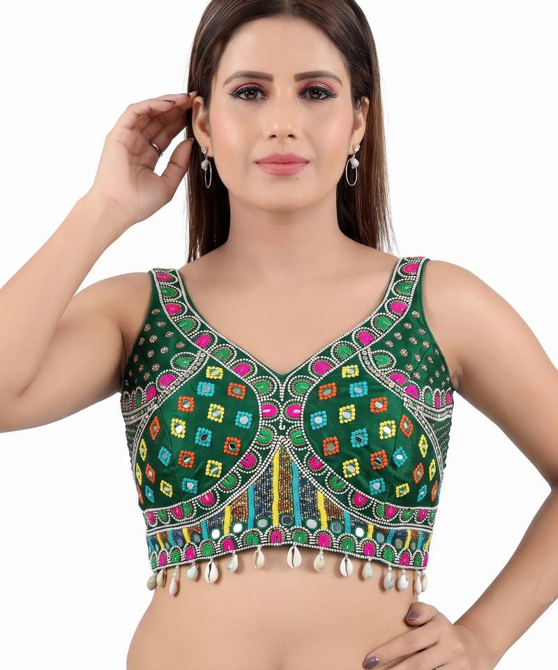 Green italian silk mirror kaudi lace readymade blouse