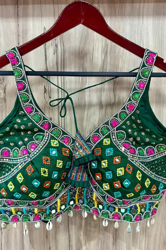 Green italian silk mirror kaudi lace readymade blouse