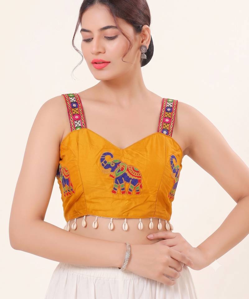 Yellow magic cotton heavy embroidered readymade blouse