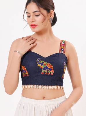 Navy blue magic cotton heavy embroidered readymade blouse 1