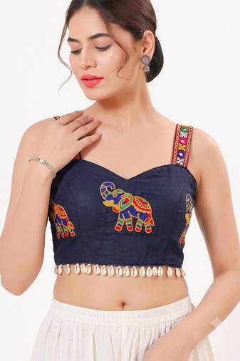 Navy blue magic cotton heavy embroidered readymade blouse