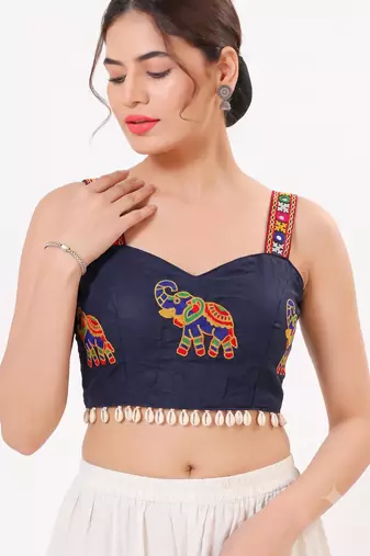 Navy blue magic cotton heavy embroidered readymade blouse