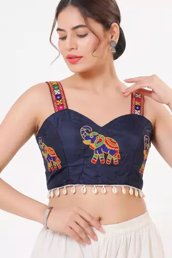 Navy blue magic cotton heavy embroidered readymade blouse