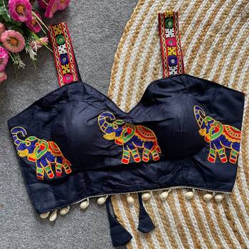 Navy blue magic cotton heavy embroidered readymade blouse 4