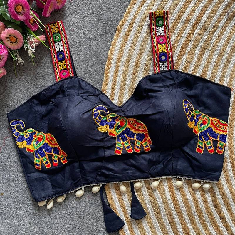 Navy blue magic cotton heavy embroidered readymade blouse