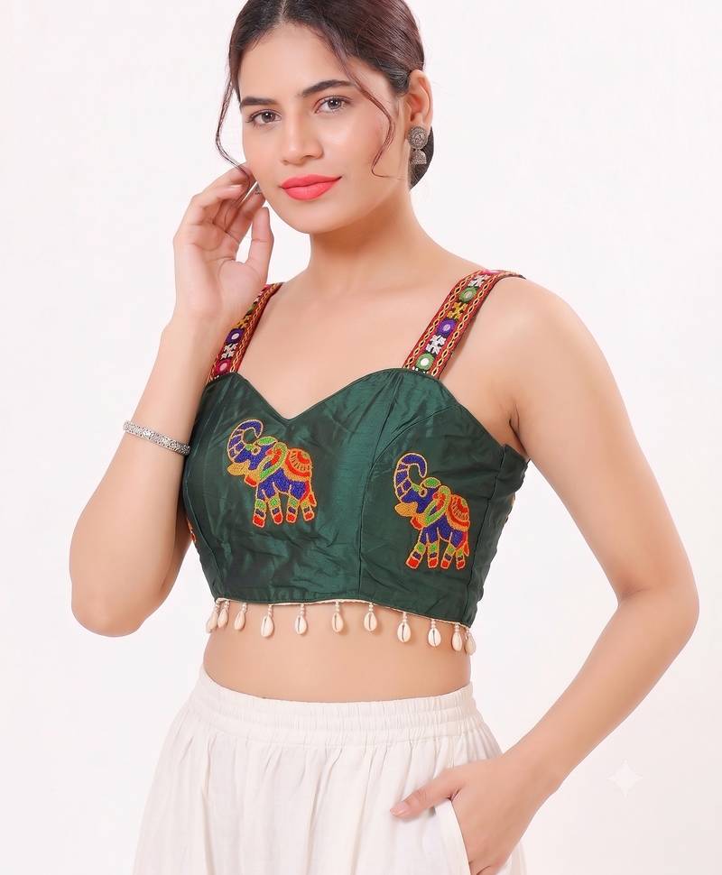 Green magic cotton heavy embroidered readymade blouse