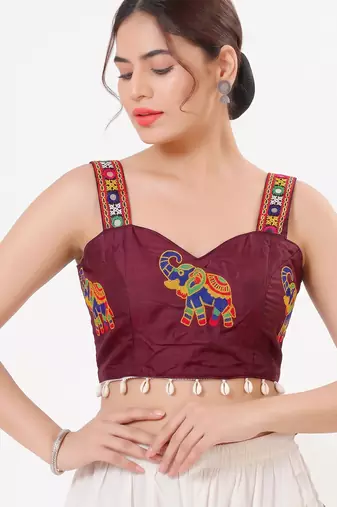 Burgundy magic cotton heavy embroidered readymade blouse