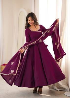Wine angrakha style chanderi silk anarkali suit 1