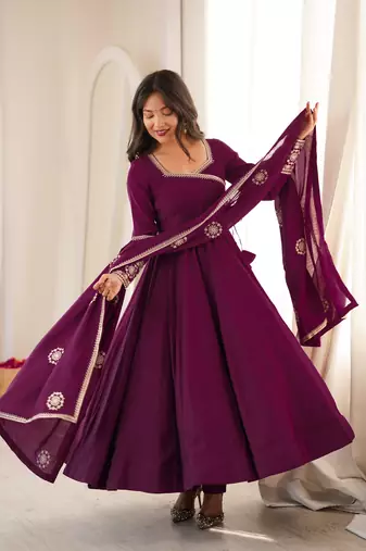 Wine angrakha style chanderi silk anarkali suit