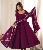 Wine angrakha style chanderi silk anarkali suit