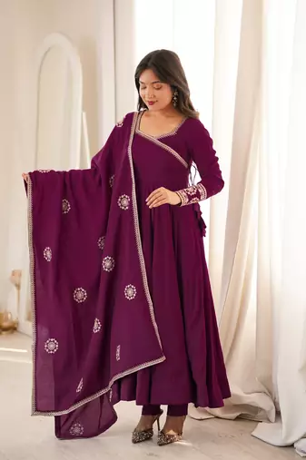 Wine angrakha style chanderi silk anarkali suit