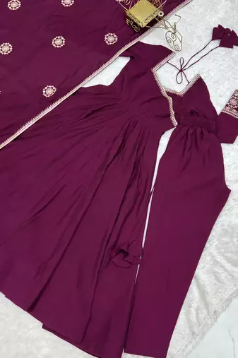 Wine angrakha style chanderi silk anarkali suit