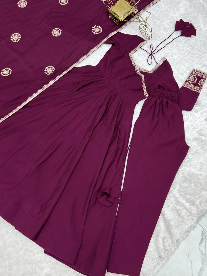 Wine angrakha style chanderi silk anarkali suit