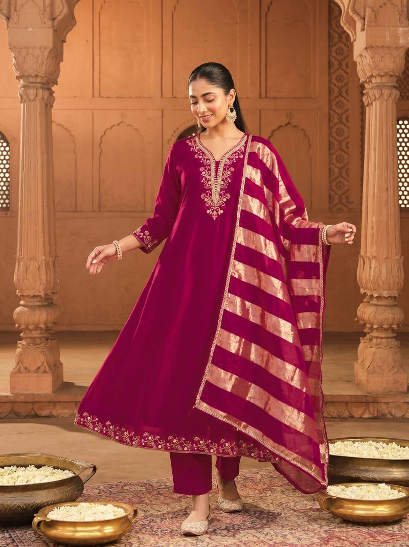 Women's Beautiful Embroidery Work Vichitra Silk Fabric Flared Kurta Pant and Dupatta Set