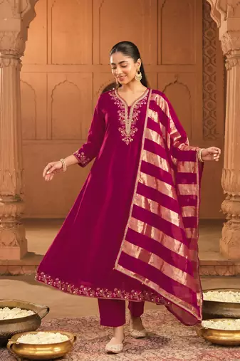 Women's Beautiful Embroidery Work Vichitra Silk Fabric Flared Kurta Pant and Dupatta Set