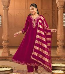 Women's Beautiful Embroidery Work Vichitra Silk Fabric Flared Kurta Pant and Dupatta Set