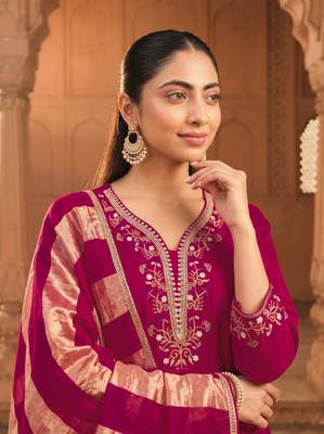 Women's Beautiful Embroidery Work Vichitra Silk Fabric Flared Kurta Pant and Dupatta Set 2