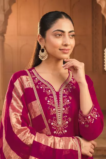 Women's Beautiful Embroidery Work Vichitra Silk Fabric Flared Kurta Pant and Dupatta Set