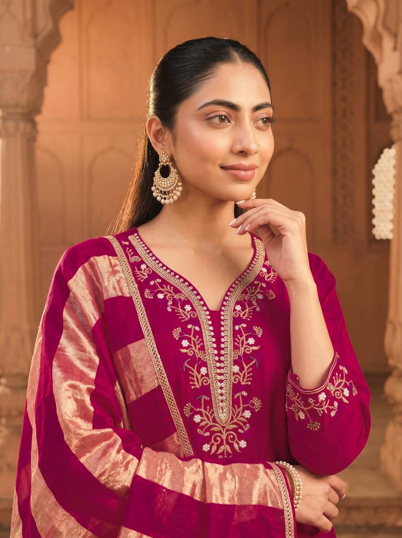 Women's Beautiful Embroidery Work Vichitra Silk Fabric Flared Kurta Pant and Dupatta Set