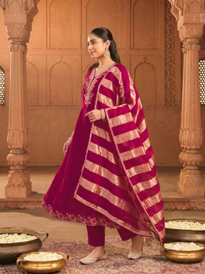 Women's Beautiful Embroidery Work Vichitra Silk Fabric Flared Kurta Pant and Dupatta Set 3