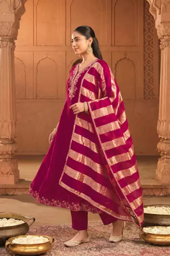 Women's Beautiful Embroidery Work Vichitra Silk Fabric Flared Kurta Pant and Dupatta Set