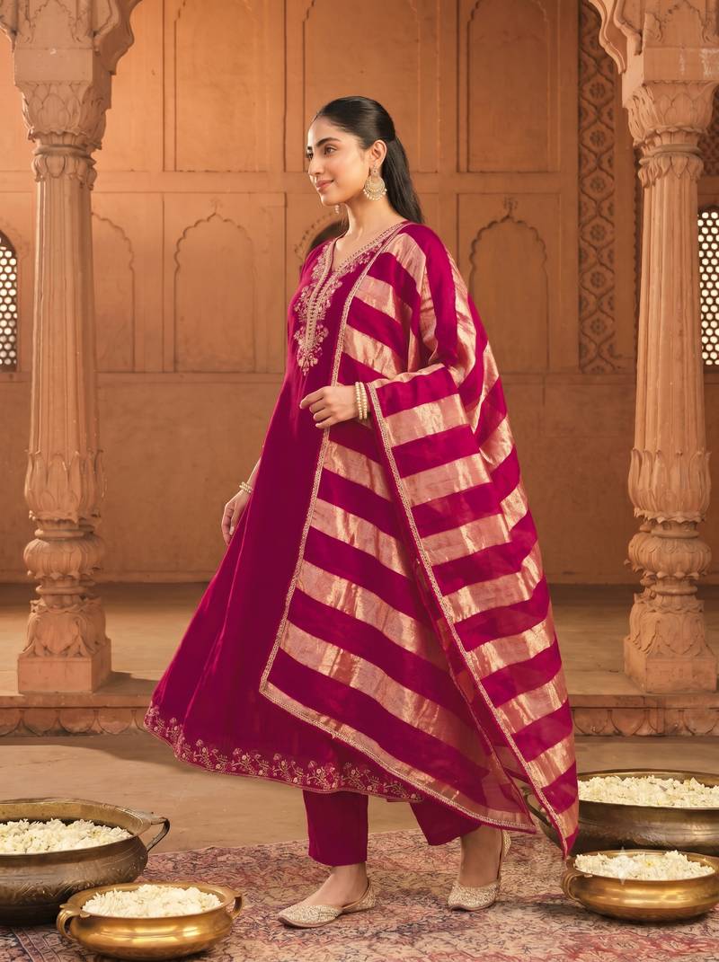 Women's Beautiful Embroidery Work Vichitra Silk Fabric Flared Kurta Pant and Dupatta Set