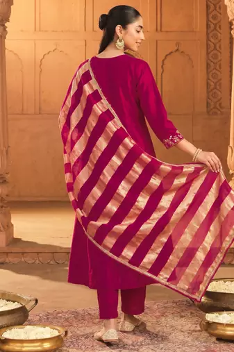 Women's Beautiful Embroidery Work Vichitra Silk Fabric Flared Kurta Pant and Dupatta Set