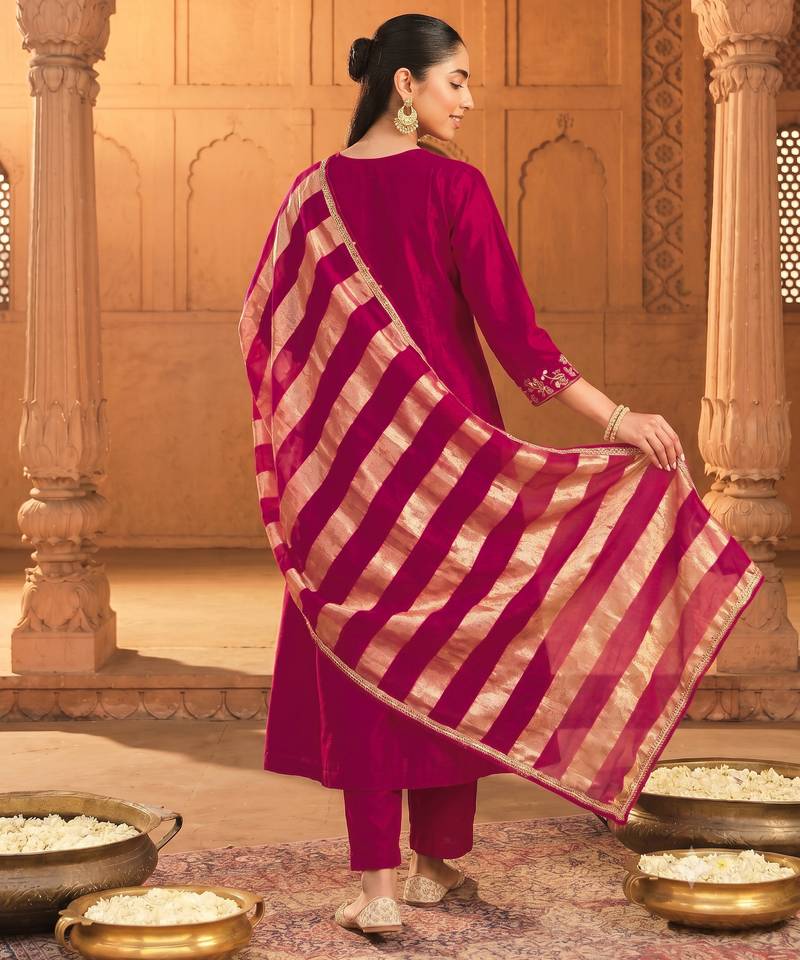 Women's Beautiful Embroidery Work Vichitra Silk Fabric Flared Kurta Pant and Dupatta Set