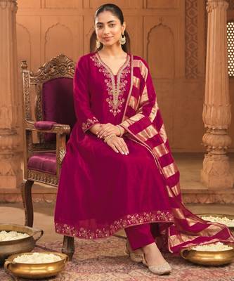 Women's Beautiful Embroidery Work Vichitra Silk Fabric Flared Kurta Pant and Dupatta Set 5