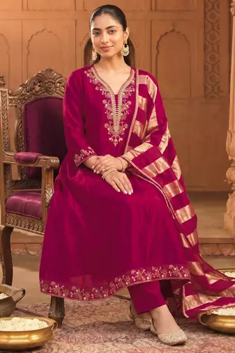 Women's Beautiful Embroidery Work Vichitra Silk Fabric Flared Kurta Pant and Dupatta Set