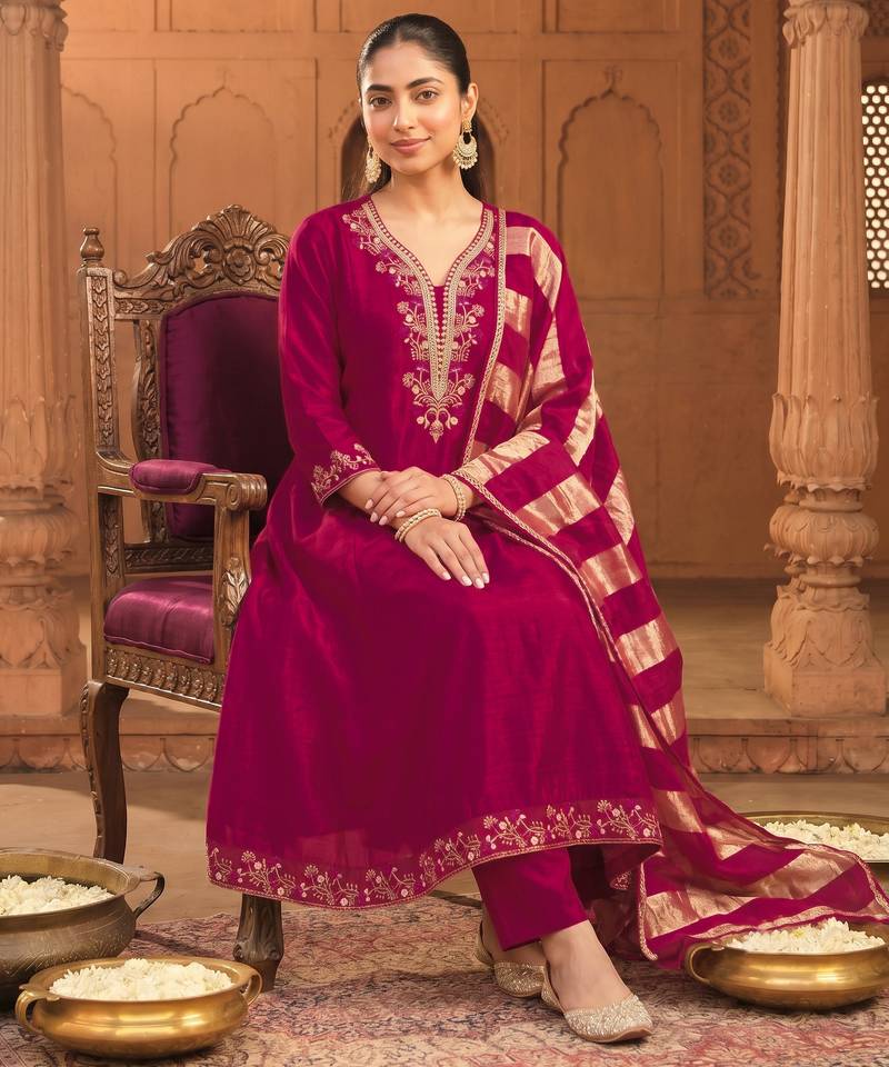 Women's Beautiful Embroidery Work Vichitra Silk Fabric Flared Kurta Pant and Dupatta Set