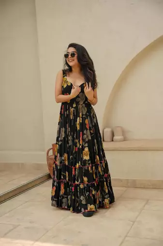 Black floral printed rayon anarkali gown