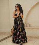 Black floral printed rayon anarkali gown