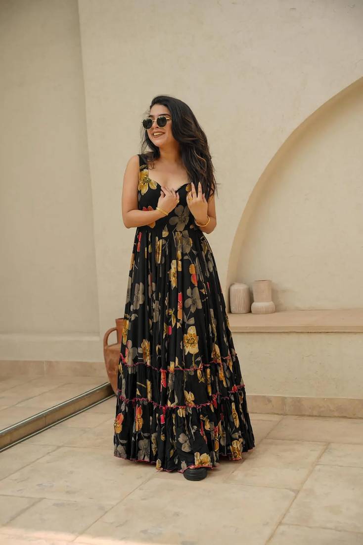 Black floral printed rayon anarkali gown