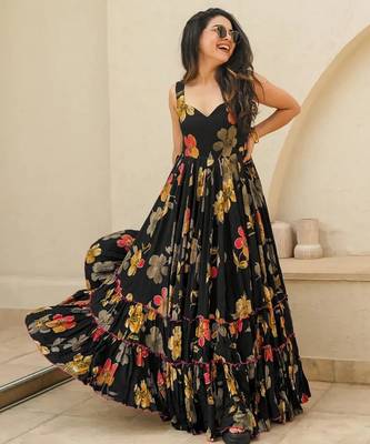 Black floral printed rayon anarkali gown 2