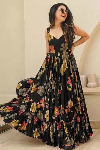 Black floral printed rayon anarkali gown