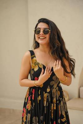 Black floral printed rayon anarkali gown 3