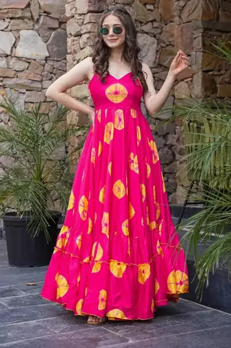Pink floral printed rayon anarkali gown
