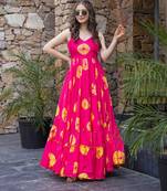 Pink floral printed rayon anarkali gown