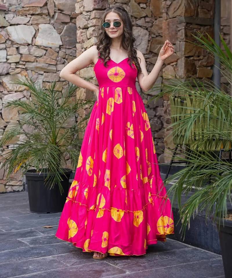 Pink floral printed rayon anarkali gown