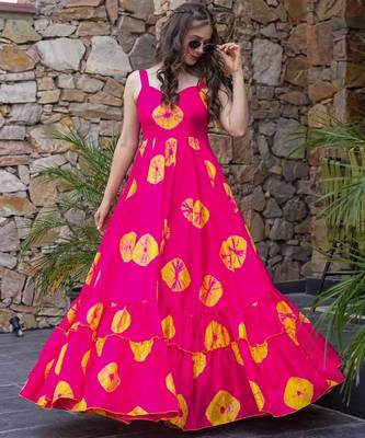Pink floral printed rayon anarkali gown 2