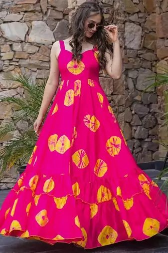 Pink floral printed rayon anarkali gown