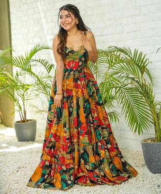 Multicolor floral printed rayon anarkali gown 1