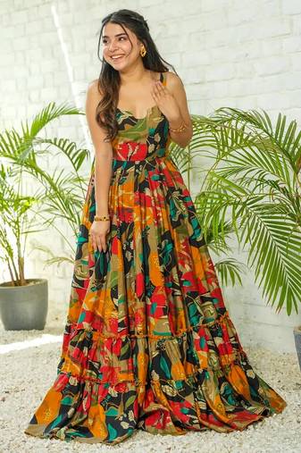 Multicolor floral printed rayon anarkali gown